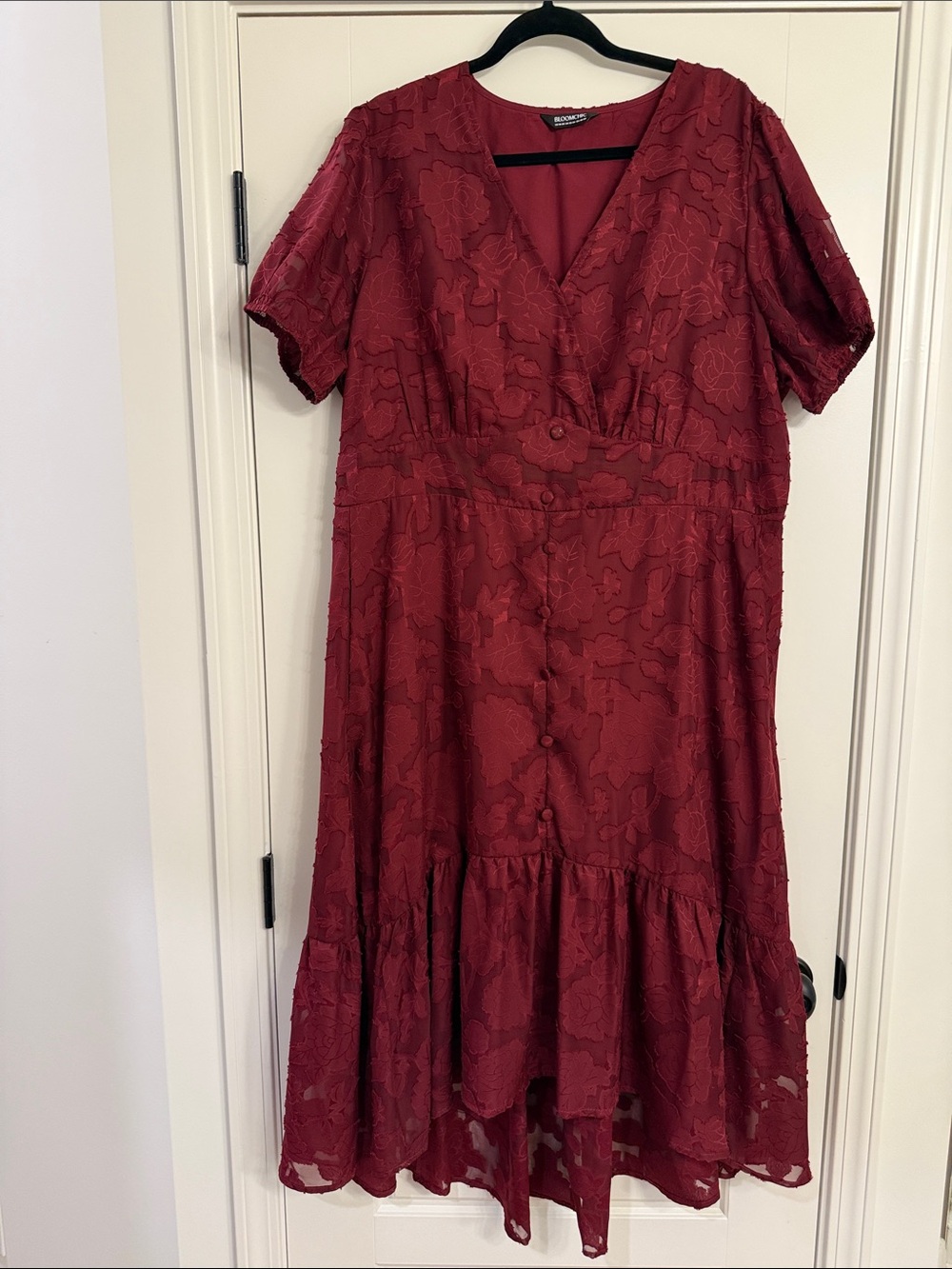 BloomChic Burgundy Floral Lace Midi Dress